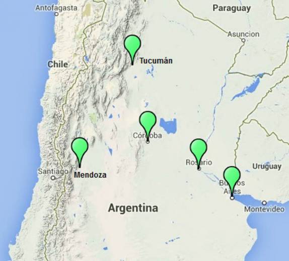 Mapa mostrando as cinco miores cidades argentinas: Buenos Aires, Córdoba, Rosario, Mendoza e Tucumán. Nós passamos por todas elas!